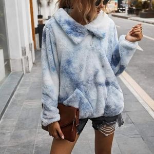 Blue & White Pocket Zipper Teddy Sweatshirt
